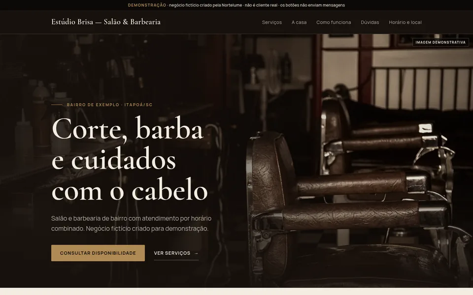 Prévia do site de demonstração Estúdio Brisa, salão e barbearia